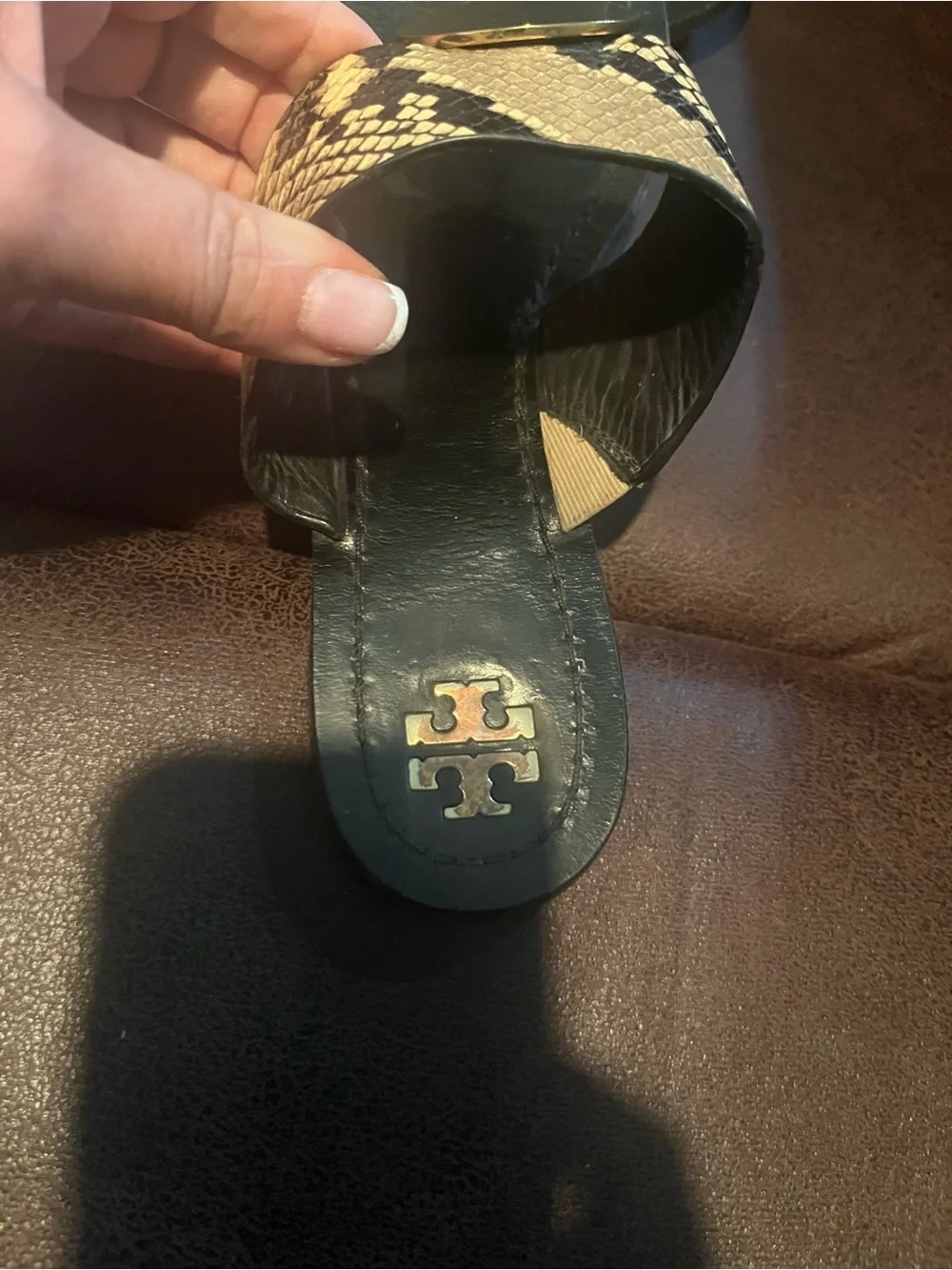 Tory Burch Black & Tan Snake-Print Slide Mules with Gold Disc